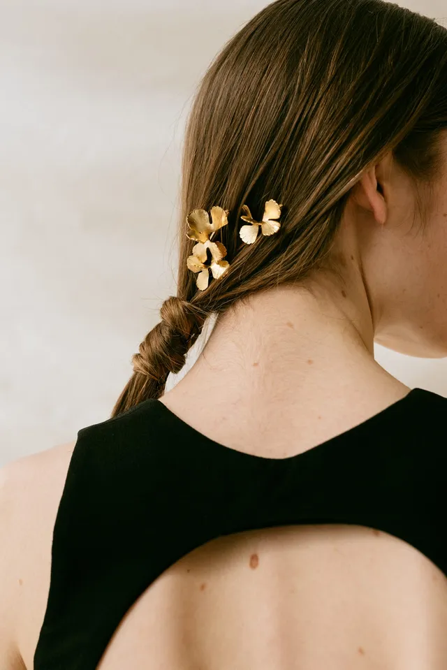 maison-sabben-barrette-cheveux-moss-lot-de-3-barrettes-fleurs-or-24-carats-argen image 1
